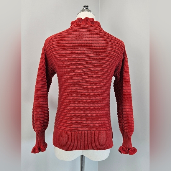 Madewell Womens Cotton Merino Wool Sweater Xsmall Ruffle Neck Red Textured - Picture 4 of 12